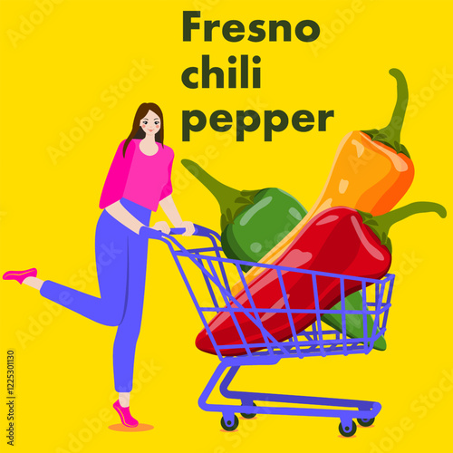A woman holds cart with Fresno chili pepper. Isolated vector illustration.