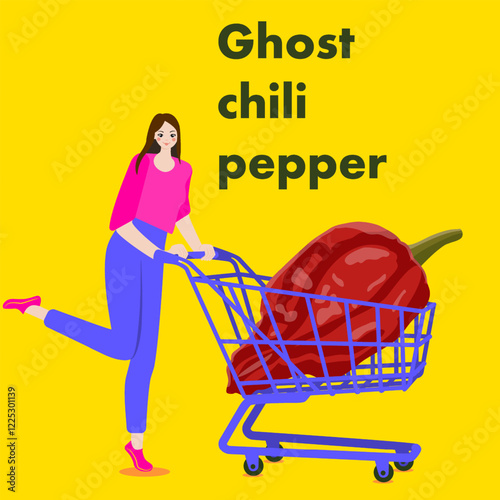 A woman holds cart with Ghost chili pepper. Isolated vector illustration.