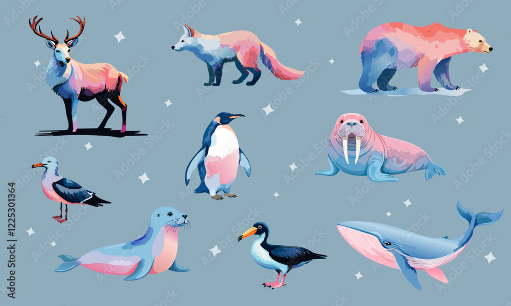 Obraz premium Set of vector watercolor polar animals in pastel pink violet blue shades. reindeer, polar bear, walrus, seal, seagull, arctic fox, whale, penguin