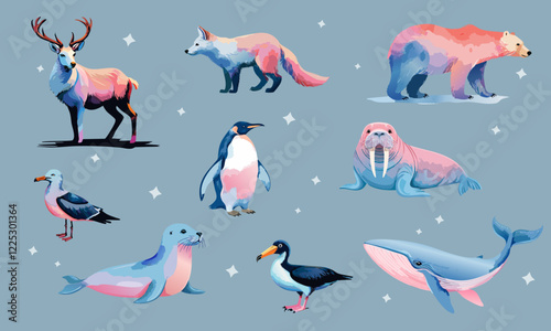 Set of vector watercolor polar animals in pastel pink violet blue shades. reindeer, polar bear, walrus, seal, seagull, arctic fox, whale, penguin