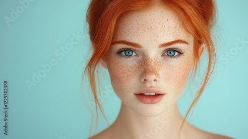 A young woman gazes directly at the viewer, showcasing her vibrant red hair and bright blue eyes. Her fair skin is adorned with freckles, enhancing her captivating appearance