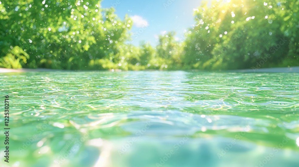 Fototapeta premium Clear turquoise water ripples in a calm river surrounded by lush green forest under bright summer sunlight.