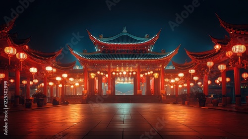 A Stunning Night Scene Of A Chinese Temple Adorned With Glowing Red Lanterns. The Warm Light Creates A Magical Atmosphere, Perfect For A Peaceful Evening Stroll.