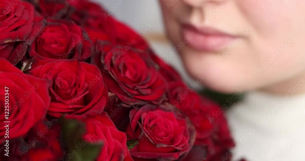 Cropped smiling face lips close-up happy woman hand holding big bouquet of red roses inhaling aroma petals rose flower. love bunch flowers gift top view. Valentine's Day holiday 4k