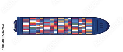 Top view sea ship vector illustration. Aerial view of ocean transport. Marine vessel with containers. Carriage and maritime transportation. Worldwide cargo shipments. Sea freight.
