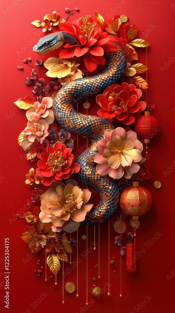 custom made wallpaper toronto digitalA Vibrant Illustration Of A Snake Adorned With Ornate Gold And Red Flowers, Celebrating The Chinese New Year.