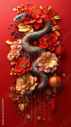 Wallpaper Mural A Vibrant Illustration Of A Snake Adorned With Ornate Gold And Red Flowers, Celebrating The Chinese New Year. Torontodigital.ca
