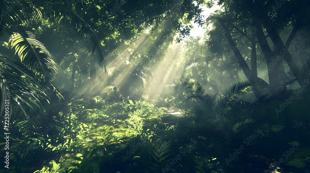 Obraz premium Serene Sunlight Filtering Through Lush Tropical Rainforest Canopy