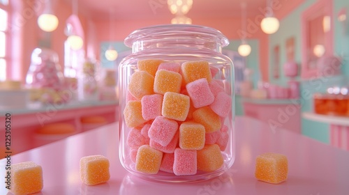 Glass Jar Filled With Pink And Orange Gummies photo