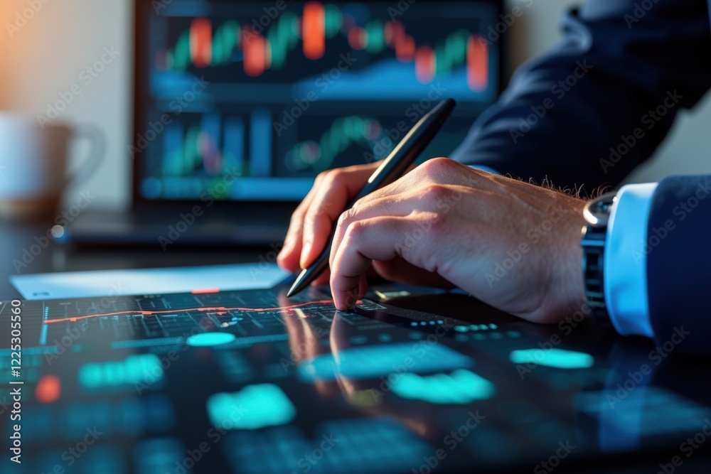 A Business Professional Analyzing Data Trends on a Digital Tablet in an Office Setting During a Strategic Planning Session