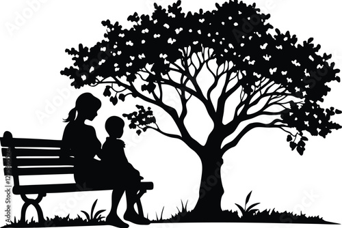 Mother Son Sitting on a Bench black Silhouette