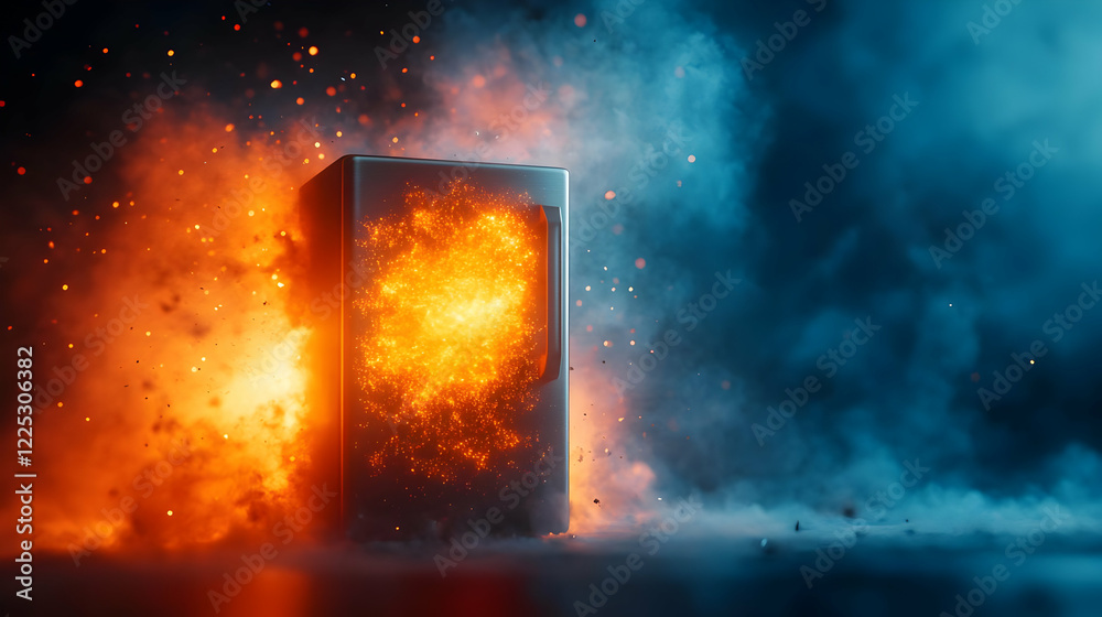 Fototapeta premium An explosive scene of a refrigerator surrounded by vibrant fire and smoke, showcasing a surreal technological concept.
