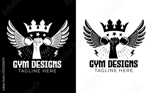 Gym, fitness logo, Sport, bodybuilding and gym king concept, Vector illustration Vector hand drawn silhouette of strong hand lifting up steel dumbbell isolated on white background