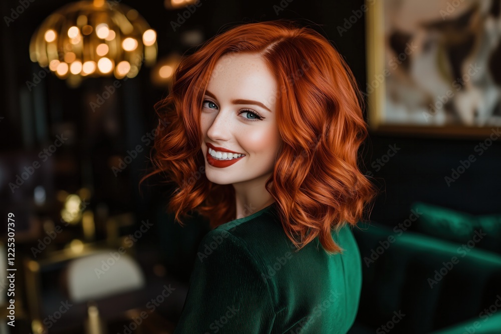 Smiling redhead woman wearing green dress posing in luxury location Smiling redhead woman wearing green dress posing in luxury location