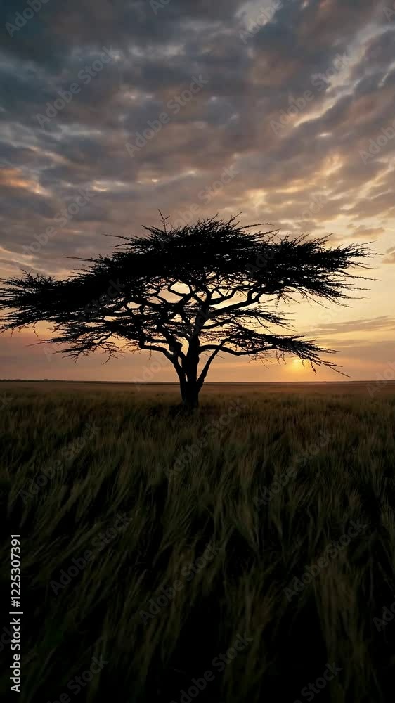 Fast Descent of lone tree in a sprawling savannah, warm golden hues, soft evening light, and a solitary, majestic atmosphere.
Fast Descent of lone tree in a sprawling savannah, warm golden hues, soft evening light, and a solitary, majestic atmosphere.