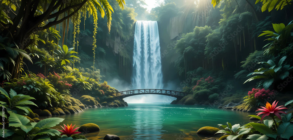 An 8K ultra-high-definition image of a towering waterfall cascading into a emerald-green pool in the middle of a dense jungle. The surrounding vegetation is lush and vibrant, with vines, ferns. An 8K ultra-high-definition image of a towering waterfall cascading into a emerald-green pool in the middle of a dense jungle. The surrounding vegetation is lush and vibrant, with vines, ferns.