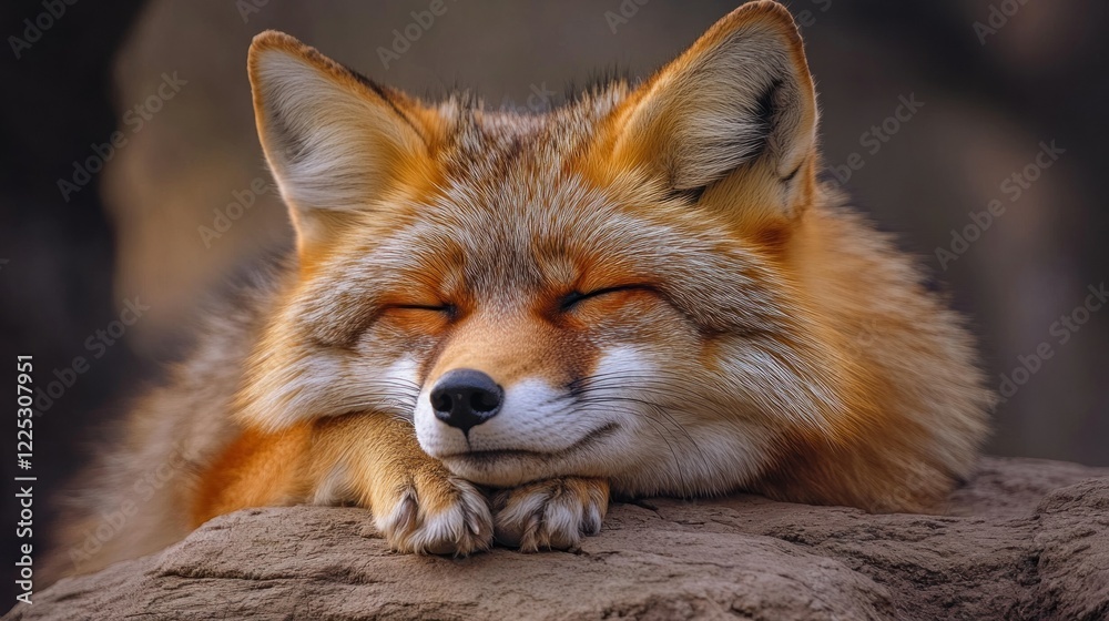 Fototapeta premium Serene Slumber: A Red Fox Resting on a Rock