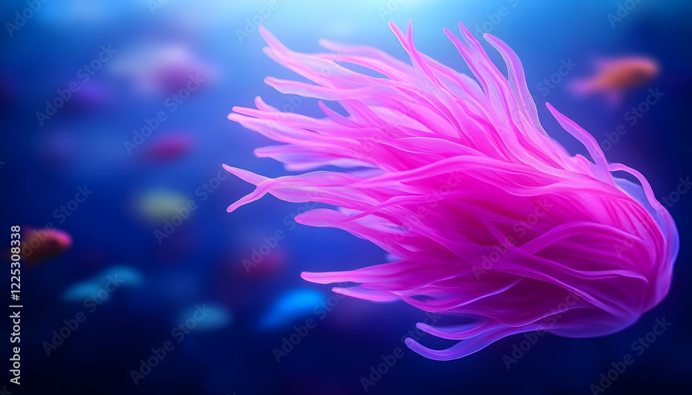 Obraz premium A vibrant pink jellyfish gracefully glides through the deep blue ocean, surrounded by colorful fish.