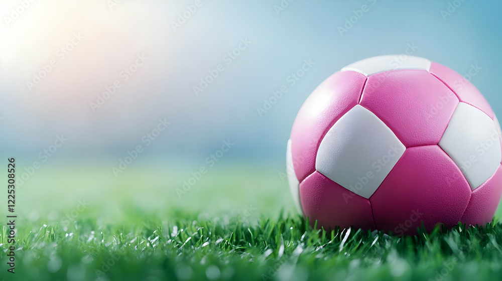 Fototapeta premium A vibrant pink soccer ball resting on lush green grass under a bright sky, perfect for sports-related projects.