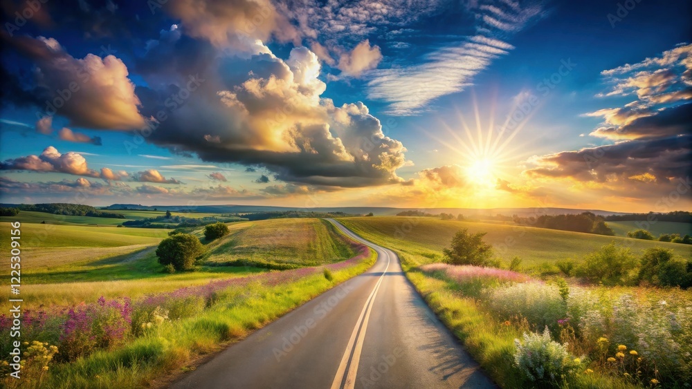 Naklejka premium Asphalt road curving through vibrant wildflowers under a dramatic sunset sky