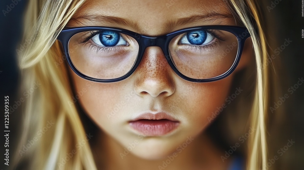 A young girl with long, blonde hair and vivid blue eyes stares directly into the camera while wearing stylish black glasses. Her serious expression captures attention and curiosity A young girl with long, blonde hair and vivid blue eyes stares directly into the camera while wearing stylish black glasses. Her serious expression captures attention and curiosity
