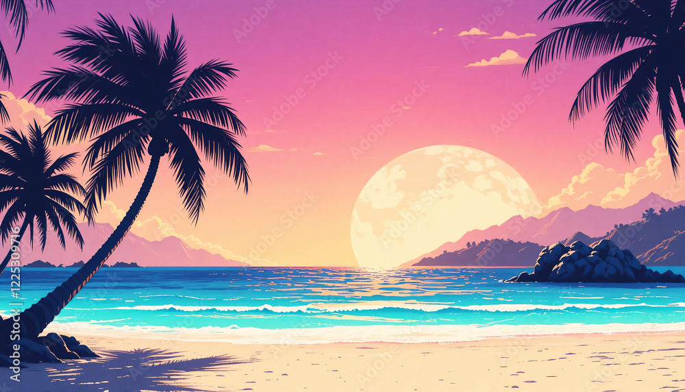 Fototapeta premium Tropical Sunset with Silhouetted Palms and Ocean Waves