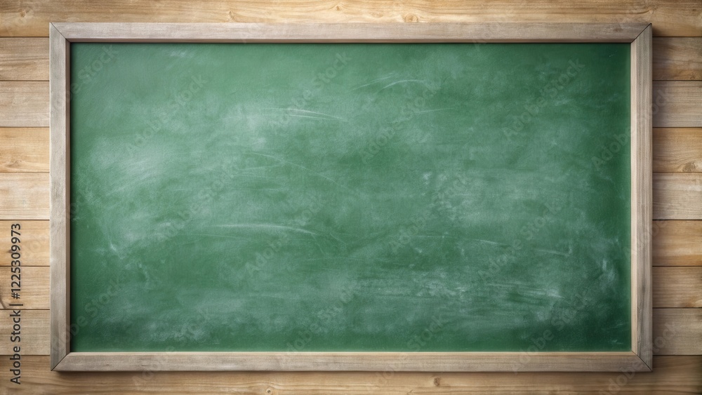 Blank Green Chalkboard on Wooden Wall, Perfect for Education or Message Display Blank Green Chalkboard on Wooden Wall, Perfect for Education or Message Display