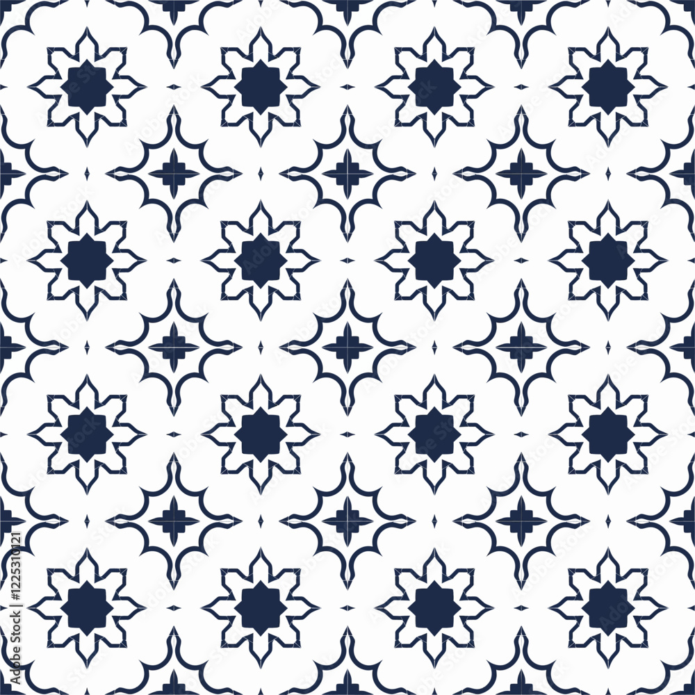 Fototapeta premium Elegant Blue and White Tile Pattern with Ornamental Floral Details