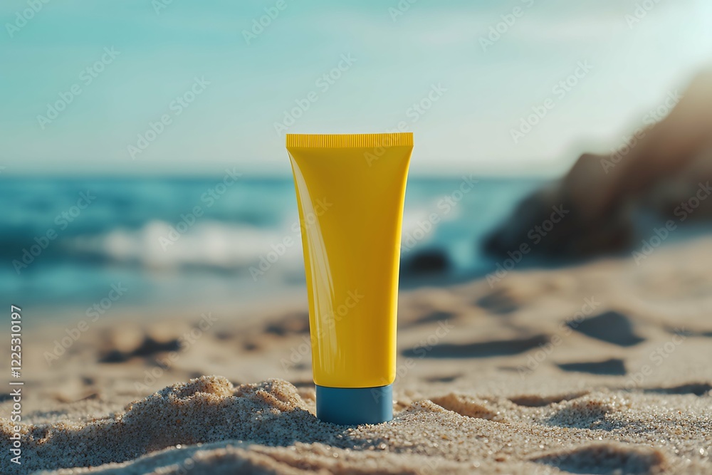 Sunscreen spread out on the beach day. Sunscreen tube on the sand. Summer, vacation essentials on a sandy beach, ocean in the background. Sun care products Sunscreen spread out on the beach day. Sunscreen tube on the sand. Summer, vacation essentials on a sandy beach, ocean in the background. Sun care products