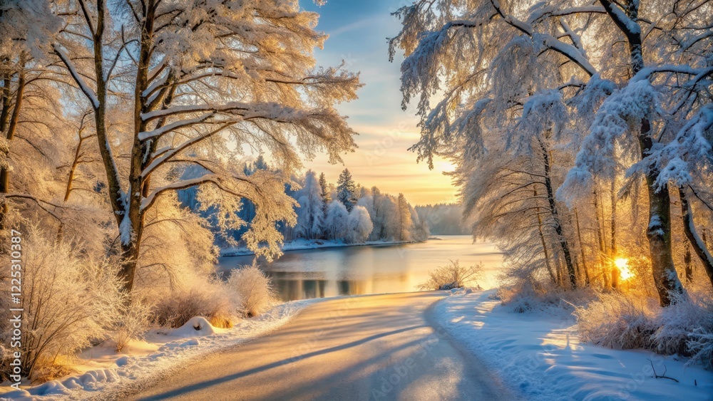 Frozen forest road with snow-covered trees and icy lake in the background, illuminated by soft warm sunlight filtering through the branches, cold weather, serene scenery Frozen forest road with snow-covered trees and icy lake in the background, illuminated by soft warm sunlight filtering through the branches, cold weather, serene scenery