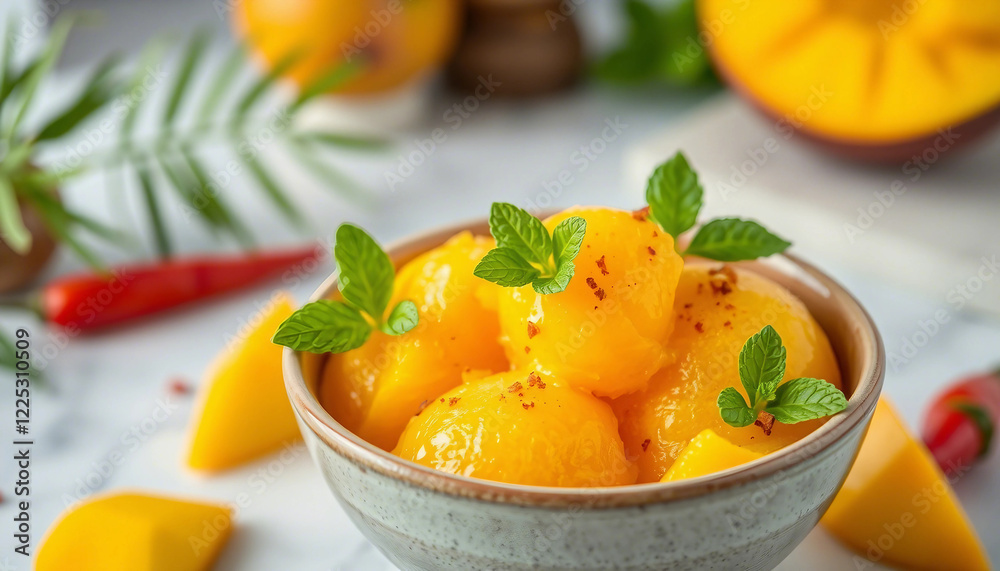 A vibrant bowl of bright yellow mango sorbet topped with fresh mint leaves and chili flakes, accompanied by whole mangoes and spices, creating a tropical and appetizing presentation.
A vibrant bowl of bright yellow mango sorbet topped with fresh mint leaves and chili flakes, accompanied by whole mangoes and spices, creating a tropical and appetizing presentation.