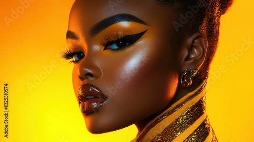 Captivating Beauty in Dramatic Lighting   Glamorous Model Portrait with Golden Makeup and Accessories