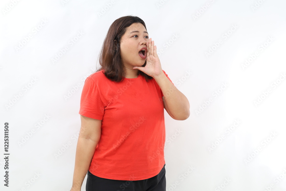 Surprised happy beauty asian woman looking camera in excitement expressive facial expressions. Presenting some product, telling someone gesture. Isolated on white background Surprised happy beauty asian woman looking camera in excitement expressive facial expressions. Presenting some product, telling someone gesture. Isolated on white background