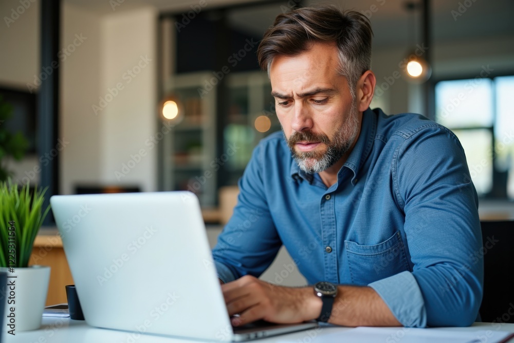 Focused Caucasian Male Working on Laptop in Modern Office Setting, Engaged in Professional Tasks and Problem-Solving Amidst Contemporary Interior Design Elements