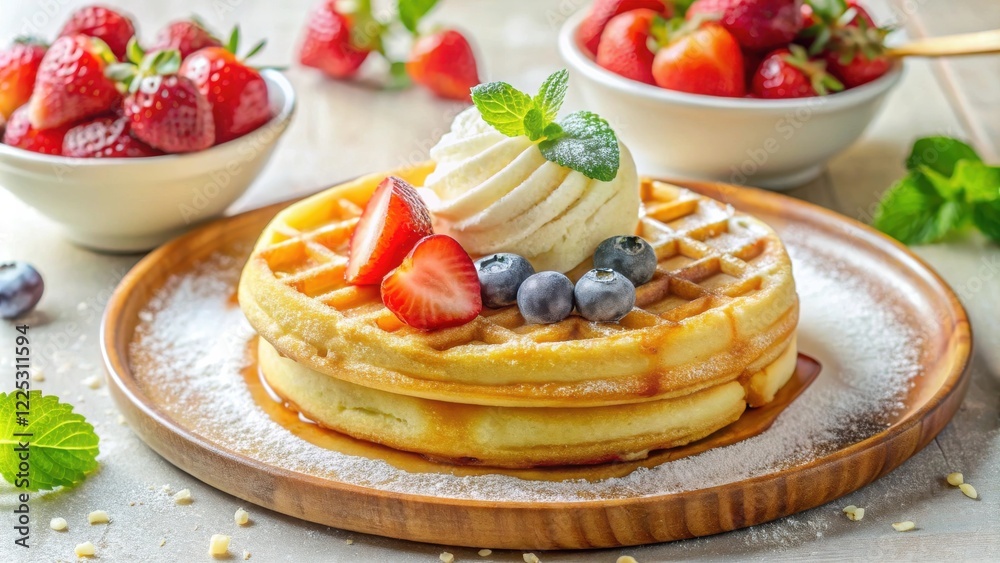 Delicious Golden Waffles Topped with Vanilla Ice Cream, Fresh Strawberries, and Blueberries on Wooden Plate Delicious Golden Waffles Topped with Vanilla Ice Cream, Fresh Strawberries, and Blueberries on Wooden Plate