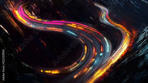 Colorful Light Trails on Twisting Mountain Road at Night