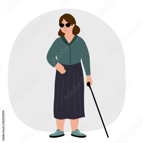 Blind lady woman with stick guide walking outside