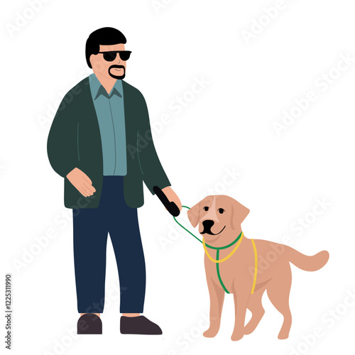 Blind man with his dog guide walking outside