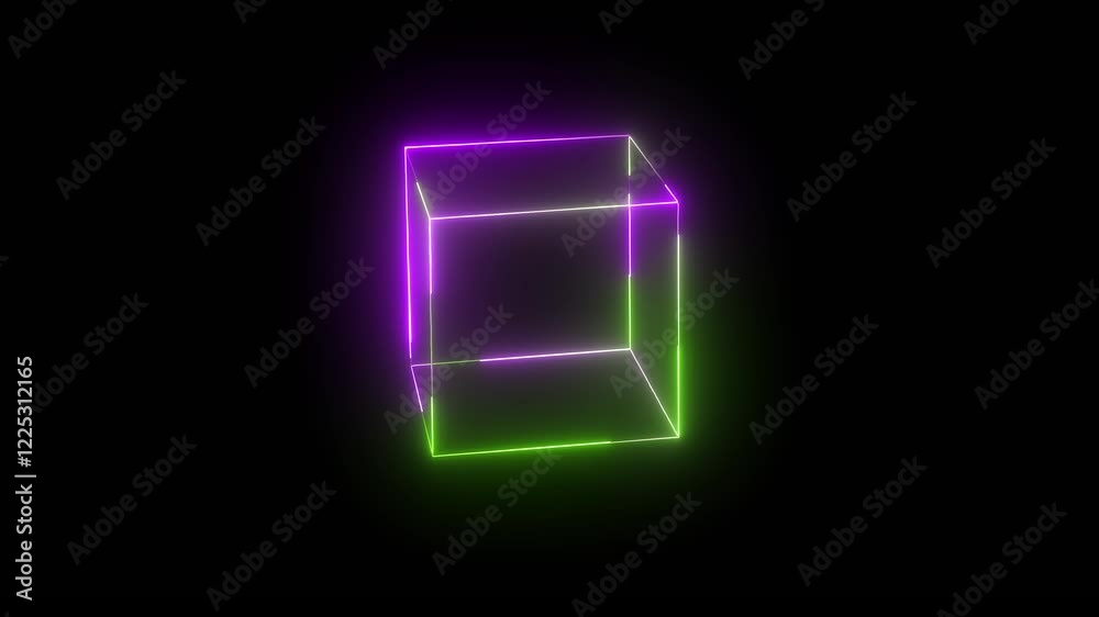 Neon cube frame icon animation with green and purple color. Neon cube frame icon animation with green and purple color.