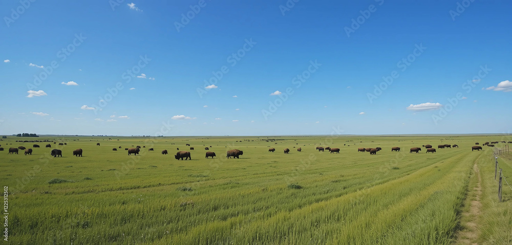 Peaceful Prairie: A calm prairie scene with endless fields of green grass, grazing bison, and a clear blue sky stretching to the horizon. Peaceful Prairie: A calm prairie scene with endless fields of green grass, grazing bison, and a clear blue sky stretching to the horizon.