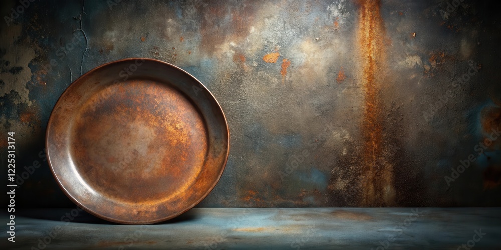 Rustic aged metal plate on a textured background, ideal for vintage or antique product display. Rustic aged metal plate on a textured background, ideal for vintage or antique product display.