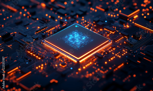 The chip glows blue and orange, making it look very advanced and futuristic.