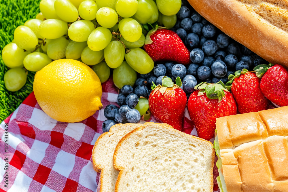 Top view of a spring picnic with a spread of fresh fruit - Ideal for food blogs and lifestyle magazines Top view of a spring picnic with a spread of fresh fruit - Ideal for food blogs and lifestyle magazines