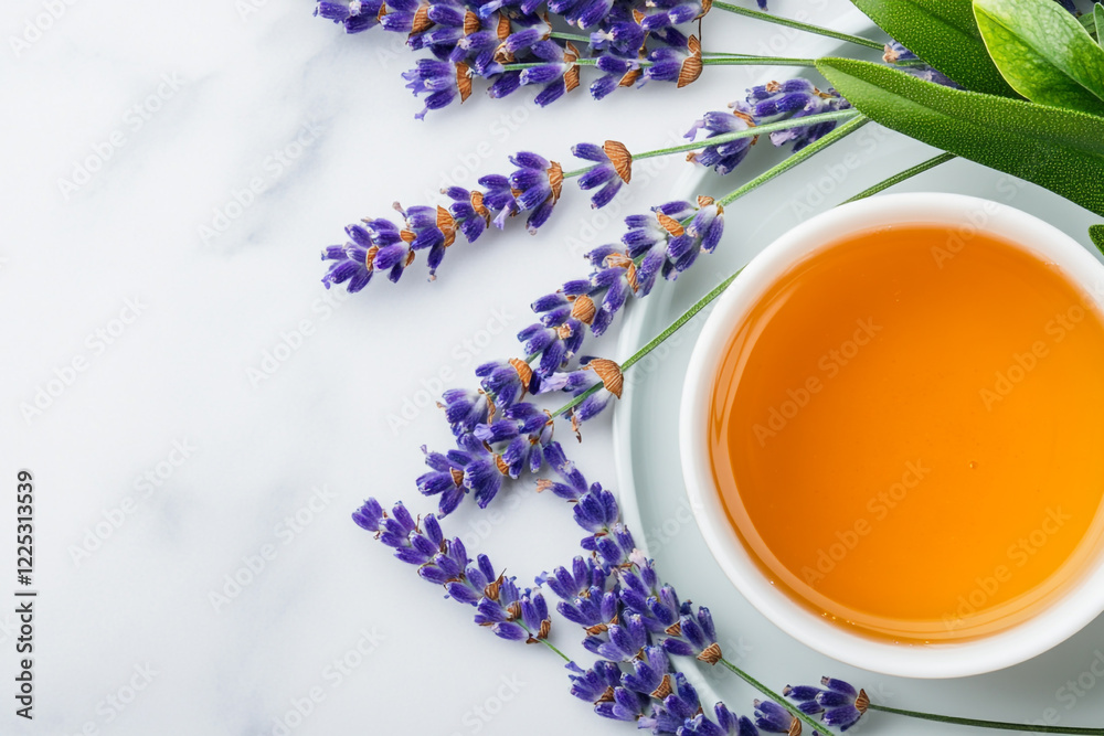 Top view of a tray with herbal tea, honey, and lavender - Ideal for wellness blogs and spa websites Top view of a tray with herbal tea, honey, and lavender - Ideal for wellness blogs and spa websites
