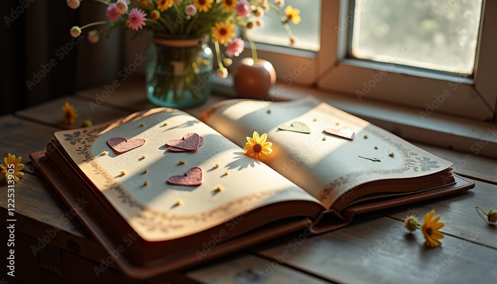 Obraz premium Valentine's Day scrapbook displayed on a wooden table with flower decorations