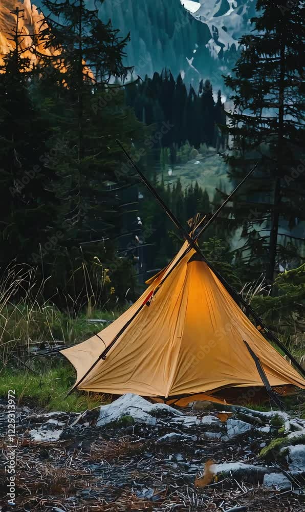 A glowing yellow tent in a dense forest with towering snow-capped mountains in the background, creating a peaceful outdoor adventure scene. A glowing yellow tent in a dense forest with towering snow-capped mountains in the background, creating a peaceful outdoor adventure scene.