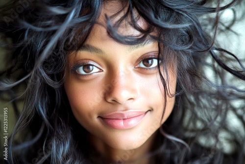 Gorgeous happy black girl - for ads, ad page and social apps marketing use. Long hairdo - curly hair. Commercial ad campaign design. Elegant long hair. Black elegance fashion. Commercial shoo.