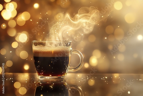 Abstract coffee composition with steaming black coffee in a mug placed on a mirror. The steam twists and dances upward, blending into a surreal background of blurred golden lights and soft gradients.