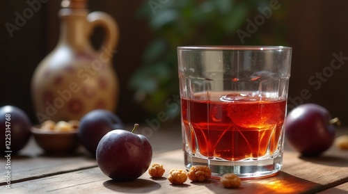 Enjoying uic traditional plum brandy in a rustic setting with fresh plums photo