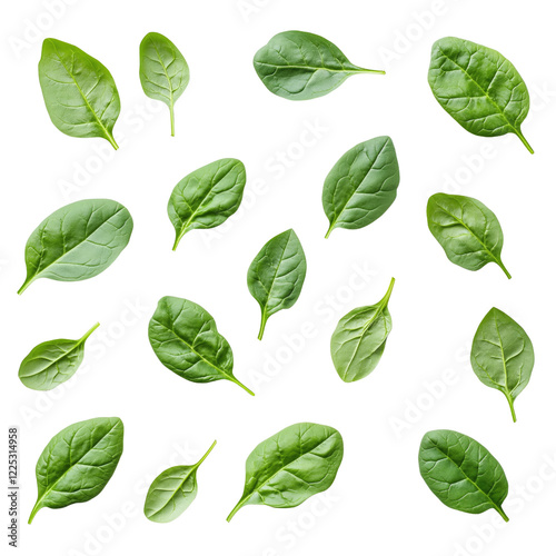 Fresh green spinach leaves isolated on white background for healthy eating, on white or transparent background